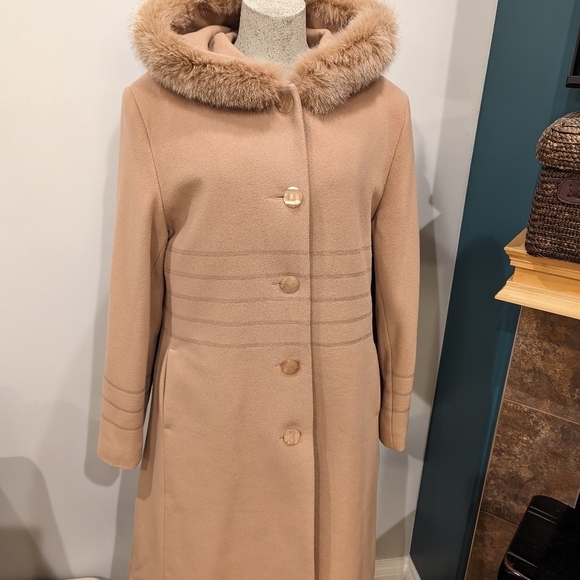 Cecil G Wool & Cashmere coat, mother of pearl buttons & fox fur, vintage Sz 14 - Picture 7 of 17